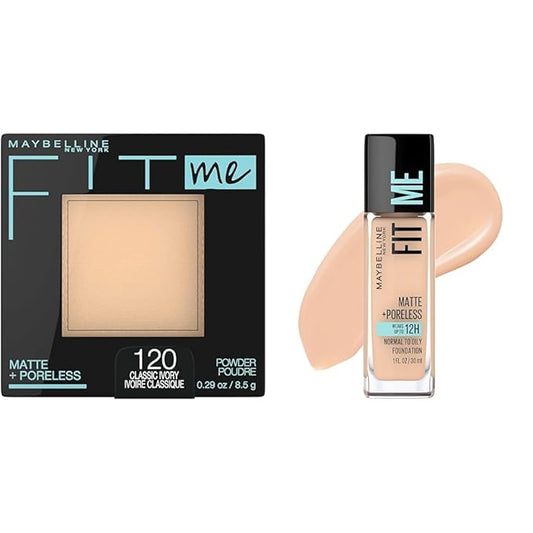 Maybelline Fit Me Matte + Poreless Pressed Powder Classic Ivory 1 Count & Liquid Foundation Creamy Beige 1 Count Bundle
