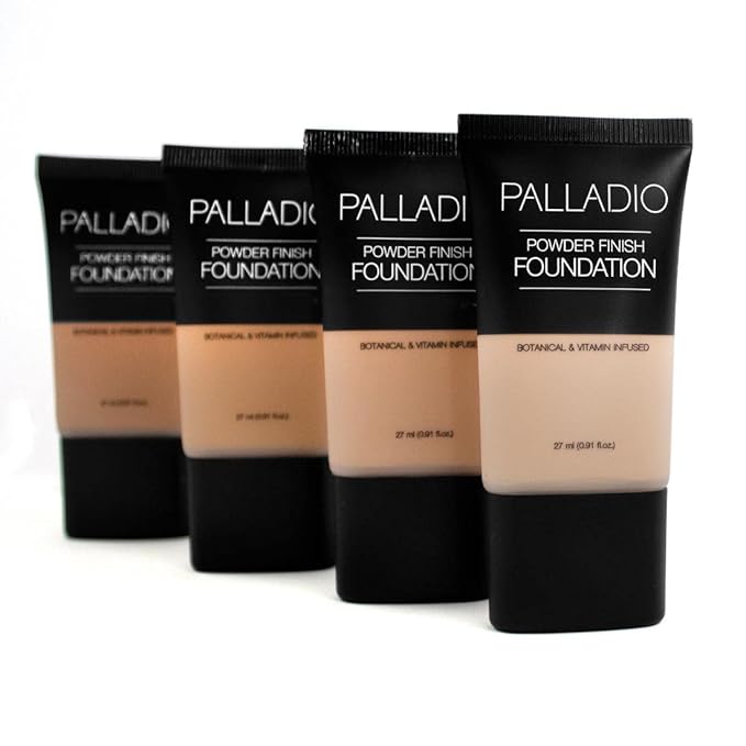 Palladio Powder Finish Liquid Foundation, Natural Matte Appearance, Reduces Fine Lines, Covers Large Pores, Hides Imperfections, All Day Wear, Sheer to Medium Coverage, In the Buff
