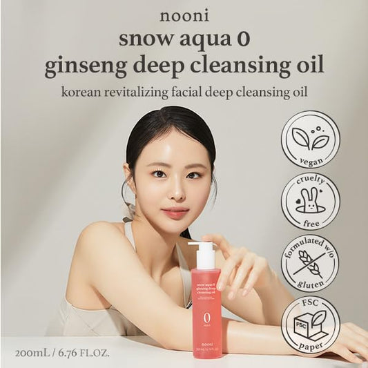 NOONI Facial Cleanser - Snow Aqua 0 Ginseng Deep Cleansing Oil *2ea | Makeup Blackhead Remover, Pore Care Control, Glass Skin, Helps Control Sebum, Moisturizing, 6.76 Fl Oz x 2