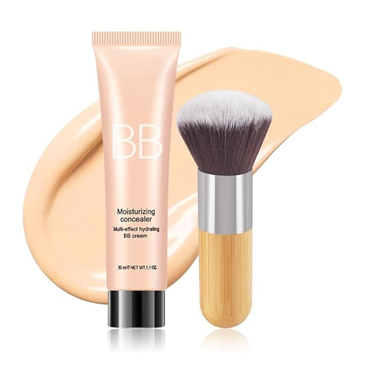 Hydrating BB Cream,Full Coverage Lightweight Matte Foundation & Concealer with Brush,Evens Skin Tone,Oil Control Cover Flaws,Natural Finish for All Skin Types,Vegan & Cruelty Free - Light Skin