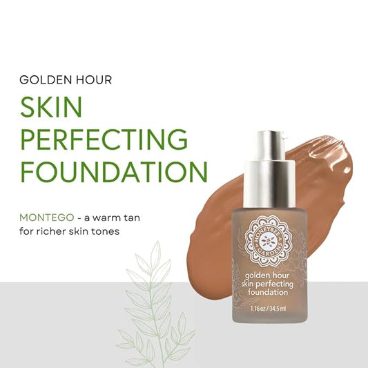 Honeybee Gardens Golden Hour Foundation In Montego, Warm Tan Neutral For Deeper Skin Tones, Skin-Perfecting, Luminous Finish, Vegan, 34.5ml