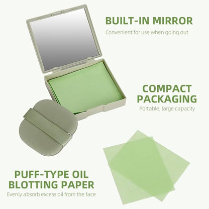 Oil Blotting Sheets - 300 PCS Face Oil Absorbing Sheets Natural Oil Control Film for Oily Skin with Mirror and Puff -Green