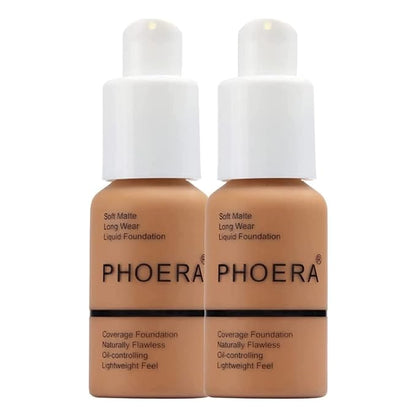 Phoera Foundation Full Coverage Makeup Set - 24hr Long Lasting Oil Control - Soft Smooth Matte Flawless Concealer Cream - Inc x2 30ml Foundation & Silicone Blender Sponge (108 Tan)