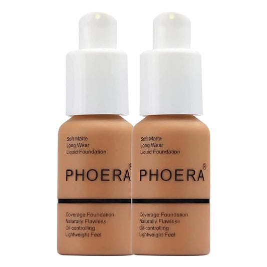 Phoera Foundation Full Coverage Makeup Set - 24hr Long Lasting Oil Control - Soft Smooth Matte Flawless Concealer Cream - Inc x2 30ml Foundation & Silicone Blender Sponge (108 Tan)