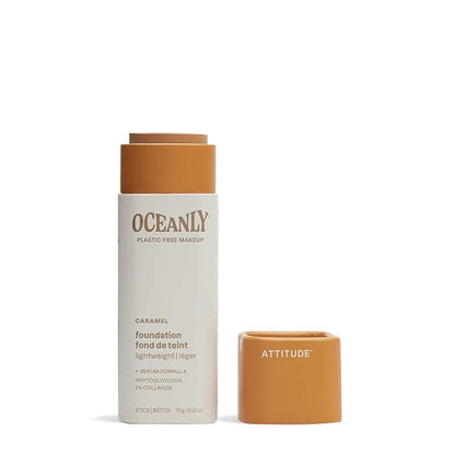 ATTITUDE Oceanly Light Coverage Foundation Stick, Titanium Dioxide-Free, EWG Verified, Plastic-Free, Vegan & Cruelty-free Makeup, Caramel, 0.42 Ounces