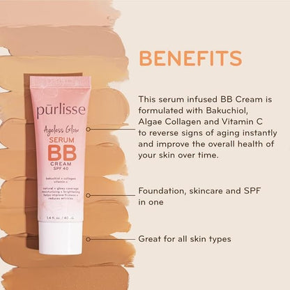 pūrlisse Ageless Glow Serum BB Cream SPF 40 - Glow BB Cream with SPF Enriched with Bakuchiol & Vitamin C to Help Improve Firmness & Reduce Wrinkles for Dewy Skin - Tan Deep (1.4 oz)