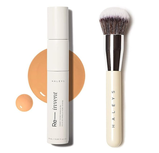 HALEYS Skin Tint Set (Medium/Tan Neutral): Re-invent Sheer Tinted Marula Oil, Skin Tint, Tinted BB Moisturizer, Face Oil, Hydrating Glowing Skin, Brilliant Kabuki Brush, Streak-free Blending, Buff
