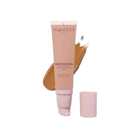 Wander Beauty Nude Illusion Liquid Foundation - Rich - Medium to Full Coverage Foundation - Natural Makeup with Vitamin E & Macadamia - Nude Skin Finish Blurs & Conceals - Travel-Friendly - 1.01 fl oz