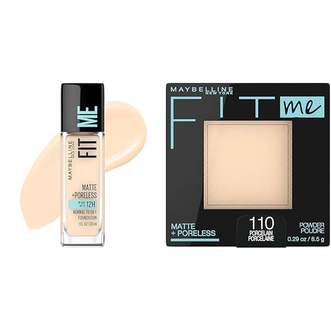 Maybelline Fit Me Matte + Poreless Liquid Foundation Makeup Porcelain 1 Count + Pressed Face Powder Makeup Porcelain 1 Count