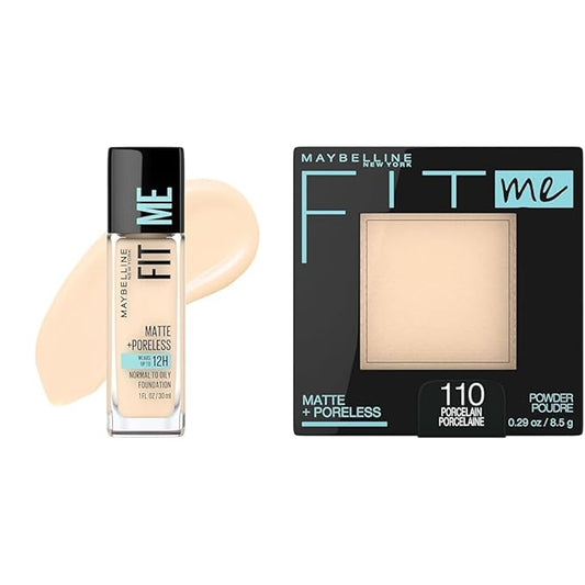 Maybelline Fit Me Matte + Poreless Liquid Foundation Makeup Porcelain 1 Count + Pressed Face Powder Makeup Porcelain 1 Count