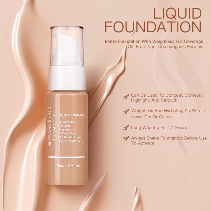 Liquid Foundation, Matte Finish, Weightless Full Coverage, Oil-Free, Non-Comedogenic, 1.52 fl oz (M004, 1pc)