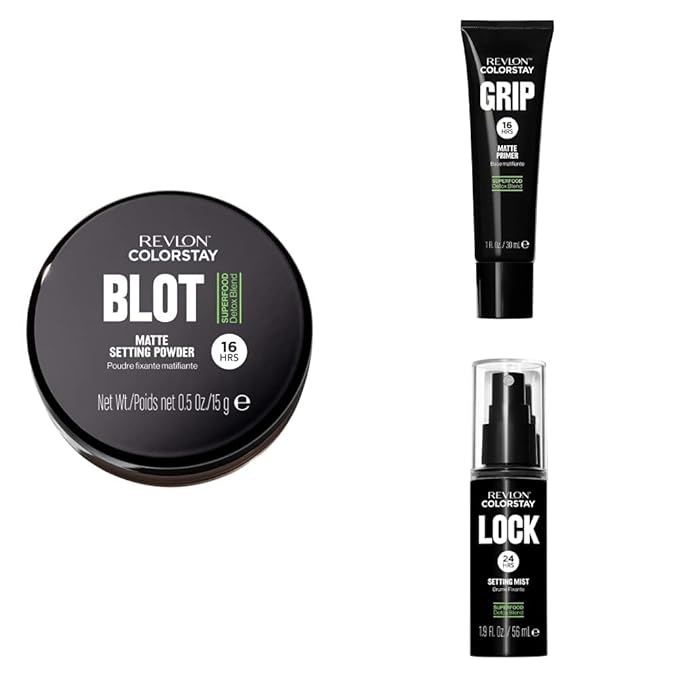 Revlon ColorStay Blot Face Powder, Grip Primer, & 24 Hr Lock Setting Mist; Mattifying, Blurs Imperfections & Reduces Pore Appearance