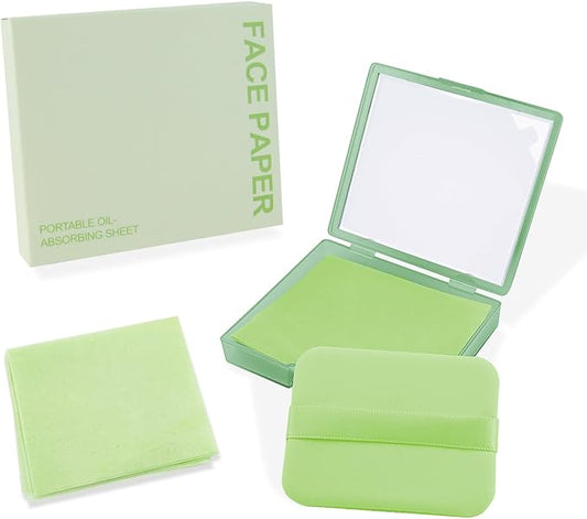 BOROLA 3-in-1 Oil Blotting Paper Set for Face 100 Sheets Oil Absorbing Sheets with Portable Mirror & Adhesive Makeup Puff, Blotting Papers for Oily Skin, Design for Men & Women(Green)