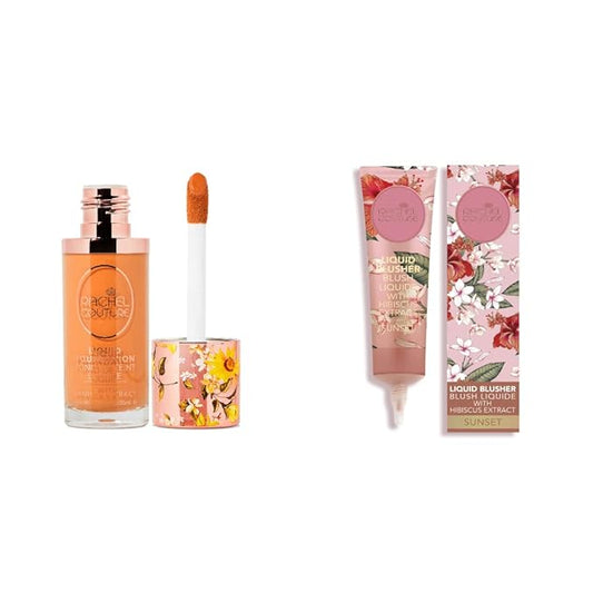 Rachel Couture Liquid Foundation & Blush Bundle | Vegan & Cruelty-Free | Infused with Arnica & Hibiscus Extract – Cinnamon & Sunset