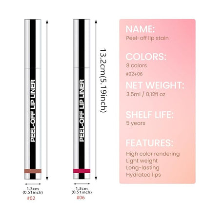 2 Pcs Matte Liquid Lip Stain Peel Off Lip Liner, Long Lasting Lip Tattoo, Waterproof & Transfer-Proof Lip Liner Peel Off Lip Gloss for All Skin Types. 0.12 fl oz #02+#06