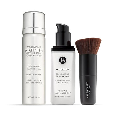Jerome Alexander My Color 3PC Self Adjusting Full Coverage Foundation Makeup with Kabuki Brush and AirFinish Setting Spray (Medium)