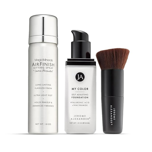 Jerome Alexander My Color 3PC Self Adjusting Full Coverage Foundation Makeup with Kabuki Brush and AirFinish Setting Spray (Medium)