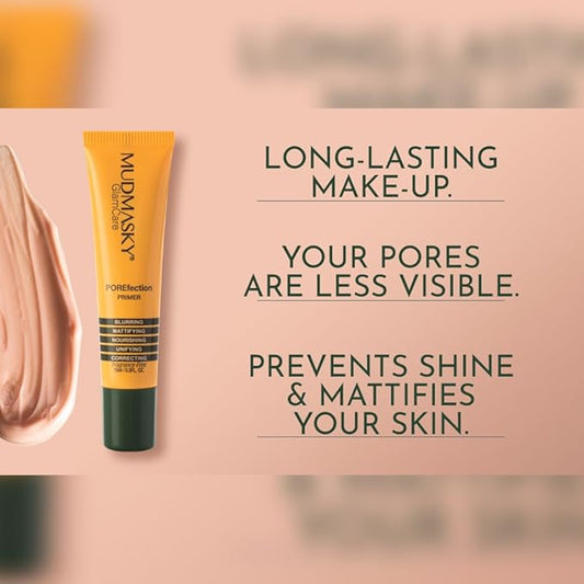 MUDMASKY POREfection Primer 15ml / 0.5FL. OZ. Hybrid Primer – Skincare x Makeup – Minimizes Pores, Mattifies & Nourishes Skin – Long-lasting Base for Flawless Beauty – Made in Italy