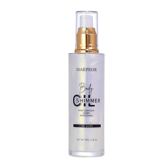 MAEPEOR Shimmer Body Luminizer 5 Colors Moisturizing Glow Illuminator Smooth and Non-sticky Summer Highlighter For Face and Body (80ML, 01 Silver)