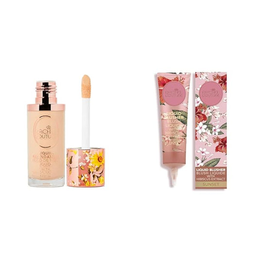 Rachel Couture Liquid Foundation & Blush Bundle | Vegan & Cruelty-Free | Infused with Arnica & Hibiscus Extract – Porcelain & Sunset