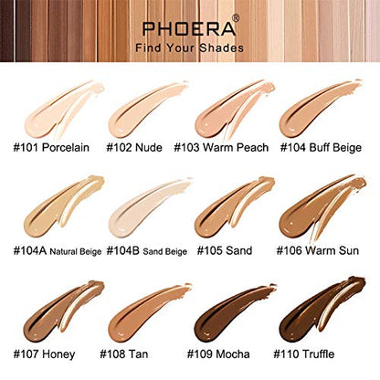 AQUAPURITY PHOERA Full Coverage Foundation New Formula Waterproof Long Lasting Oil Free Velvet Matte Liquid Foundation for Oily Skin Flawless Makeup Base Cream Concealer (101 Porcelain)