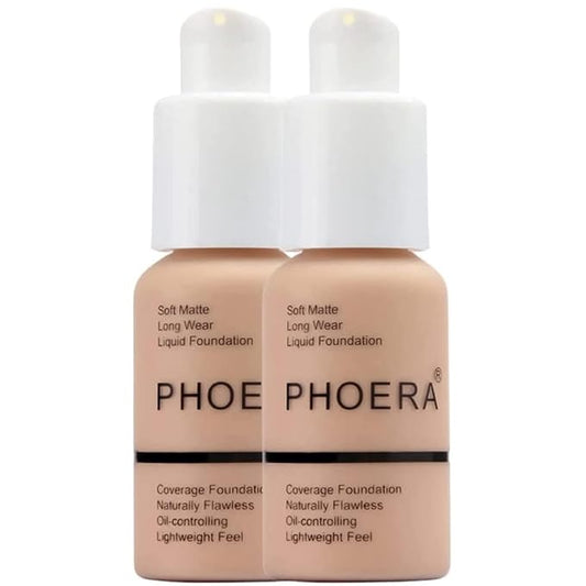 Phoera Foundation Full Coverage Makeup Set - 24hr Long Lasting Oil Control - Soft Smooth Matte Flawless Concealer Cream - Inc x2 30ml Foundation & Silicone Blender Sponge (103 Warm Peach)