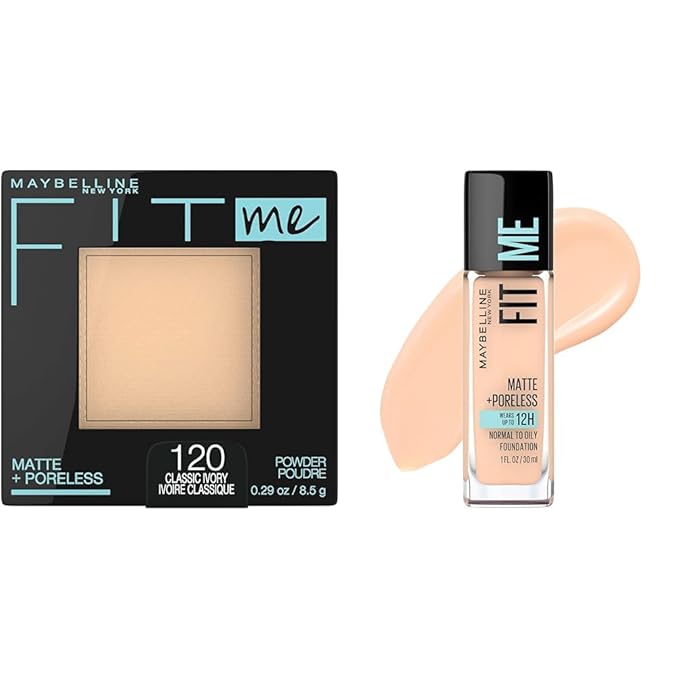 Maybelline Fit Me Matte + Poreless Pressed Powder Makeup & Liquid Foundation Makeup Bundle, 1 Count Each