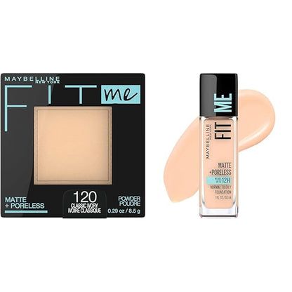 Maybelline Fit Me Matte + Poreless Pressed Powder Makeup & Liquid Foundation Makeup Bundle, 1 Count Each