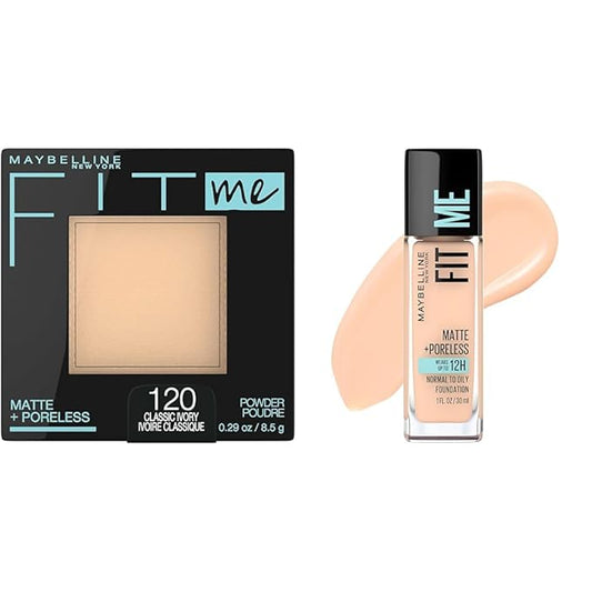 Maybelline Fit Me Matte + Poreless Pressed Powder Makeup & Liquid Foundation Makeup Bundle, 1 Count Each