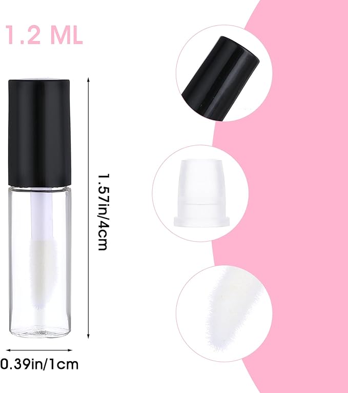 24 PCS Empty Lip Gloss Tubes, 1.2ml Clear Lip Gloss Tubes with Wand, Plastic Refillable Lip Balm Gloss Containers Clear Cosmetic Containers Bottles for DIY Makeup Lipgloss Making Kit(Black Cap)