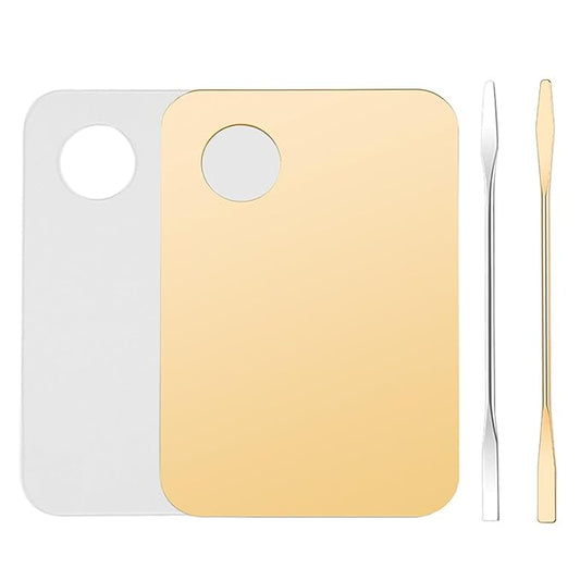 4 Pcs Makeup Mixing Tray Makeup Palette with Makeup Spatula Makeup Mixing Palette Foundation Palette for Eye Shadow Lipsticks Nail Art Beauty Salon (Gold and Transparent)