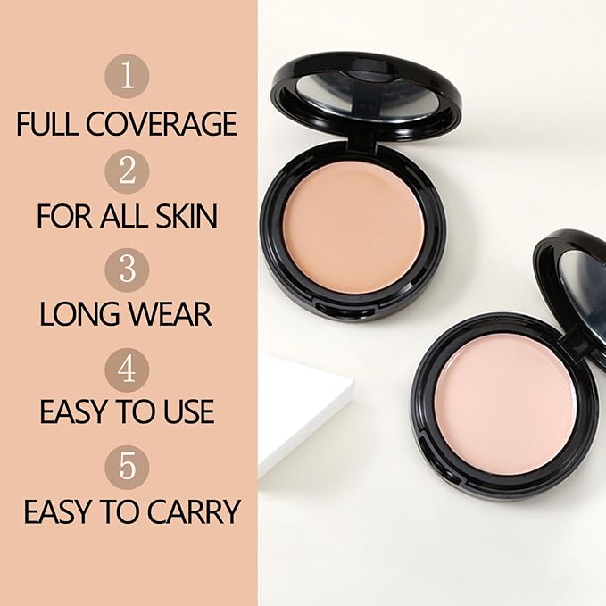 Powder Foundation,Long Wear Full Coverage Foundation with Sponge,Flawess Demi-Matte Finish,Brighten Correcting Color
