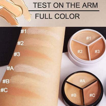 2 pcs Tri-color Face Concealer Contour Palette With Brush for Light Medium Skin. Correct Cream Foundation Palet for Under Eye Dark Circles Eyelid Tattoo. Ivory Cream Makeup Plate corrector de ojeras