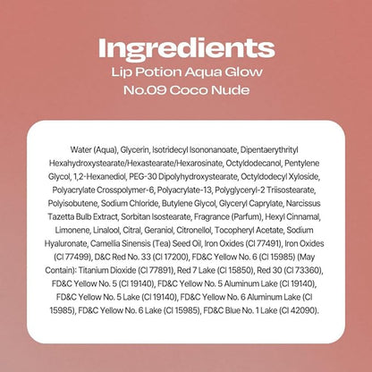 Lip Potion Aqua Glow No.9 Coco Milk | Hydrating, Non-Sticky Gloss with Sheer Radiance | 0.3 Oz