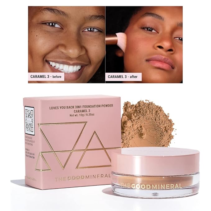 Loves-You-Back 3in1 Mineral Powder Foundation (CARAMEL 3) | Designed for acne-prone, sensitive skin for Natural Coverage with calming Zinc Oxide + Kaolin Clay | Vegan + Cruelty Free