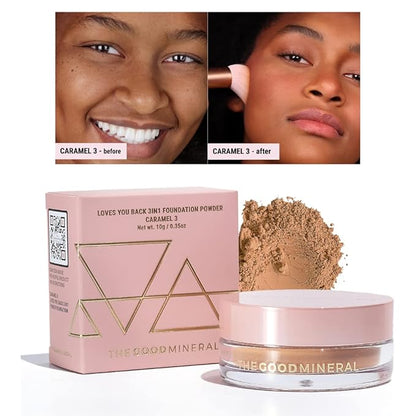 Loves-You-Back 3in1 Mineral Powder Foundation (CARAMEL 3) | Designed for acne-prone, sensitive skin for Natural Coverage with calming Zinc Oxide + Kaolin Clay | Vegan + Cruelty Free