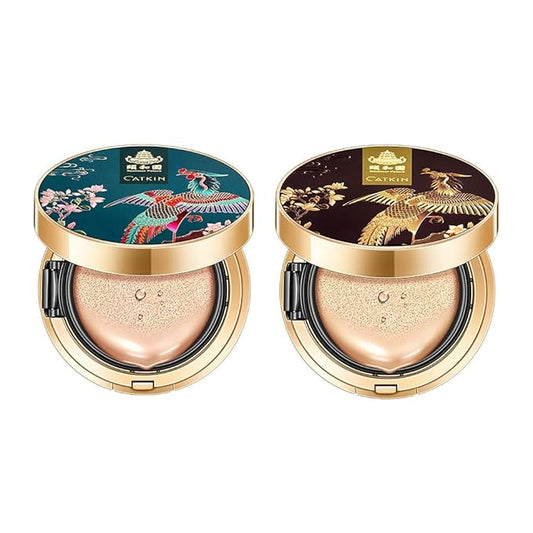 CATKIN 2Pcs Makeup Set Includes BB Cream Air Cushion Foundation C01 and C02 with Free Refill Moisturizing Natural Cover Concealer Long-lasting Makeup Oil Control Crossover Summer Palace
