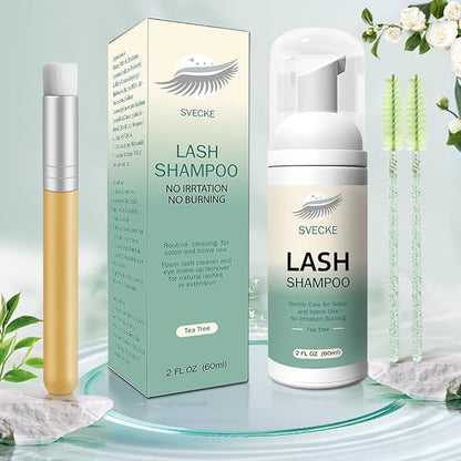 Lash Shampoo Kit for Eyelash Extension, Eyelash Shampoo 2 fl.oz / 60ml, Eyelash Extension Cleanser, Lash Eyelid Foam Cleaning Kit for Salon Use and Home Use (Tea Tree)