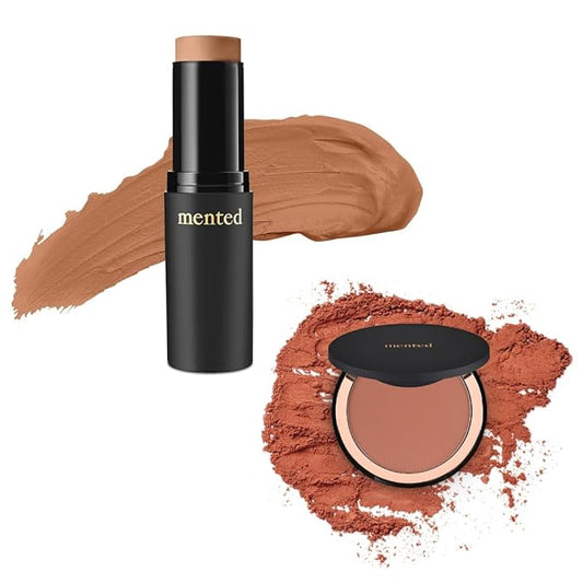 Mented Cosmetics Stick Foundation, Concealer & Contour Stick for Dark Skin, Cream Foundation for Black Women Makeup, T30 + Highlighter Bronzing Powder Palette with Vitamin E + A, 0.35oz, Vacay Bundle