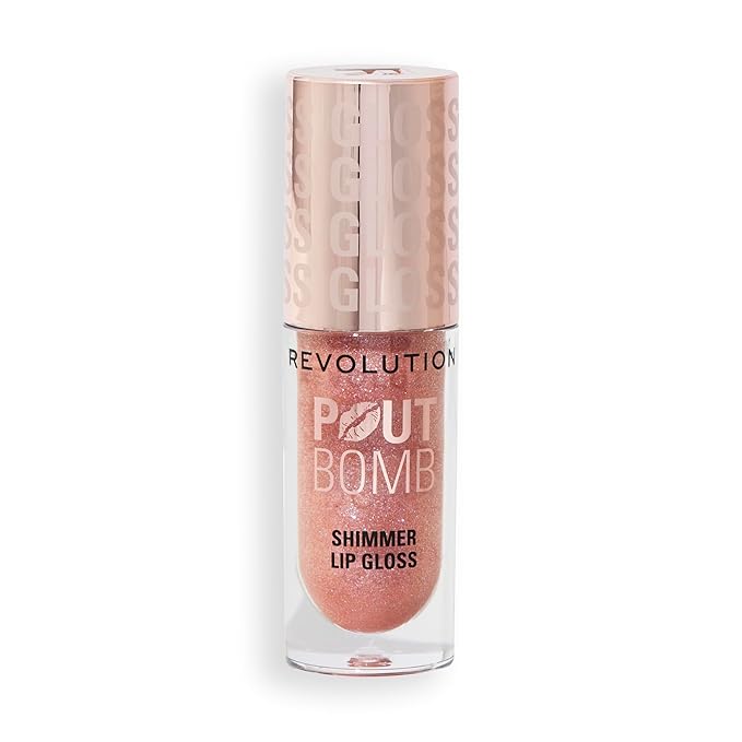 Revolution, Pout Bomb Shimmer Gloss, High-Shine Lip Gloss & Shimmer for Glossy Lips with Hyaluronic Acid & Sweet Vanilla Scent, Glimmer Nude, 0.15 Oz