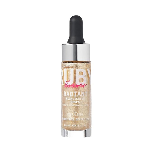 Ruby Kisses Radiant Drops, Shimmer Liquid Highlighter Makeup, Smooth Illuminator for Face Body, Natural Glow Dewiness Glitter for Skin (CHAMPANGE)