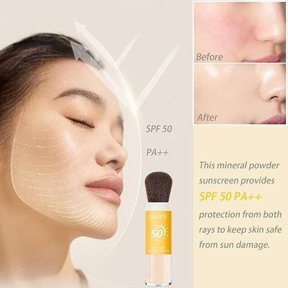Mineral Sunscreen Setting Powder, SPF 50 PA++ Powder Sunscreen for Face, Oil Control Lightweight Breathable Translucent Concealer Brush Face Powder for All Skin