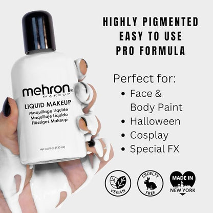 Mehron Makeup Liquid Makeup | Face Paint and Body Paint Perfect for Halloween, Cosplay I Air Brush Compatible 4.5 oz (133 ml) (WHITE)
