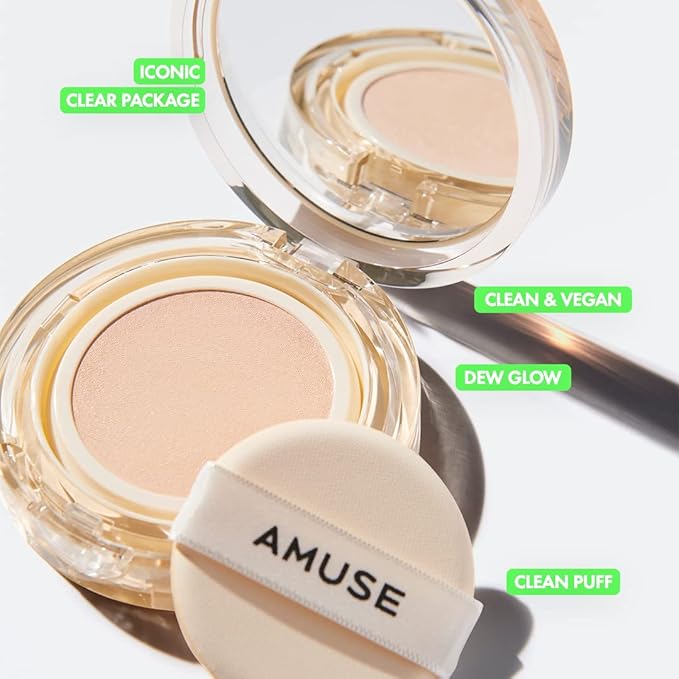 AMUSE SEOUL Dew Jelly Vegan Cushion Foundation 1.5 CLEAR | dewy, glow, long-lasting, double coverage, clean beauty, lightweight, natural look, foundation for sensitive skin, hydrating cushion