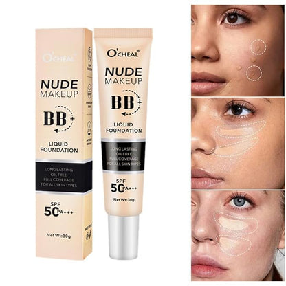 Hydrating BB Cream SPF 50+, Waterproof Full Coverage Concealer BB Cream for All Skin Types, Long Lasting Moisturizing Liquid Foundation for Men & Women (BB Cream, Natural)