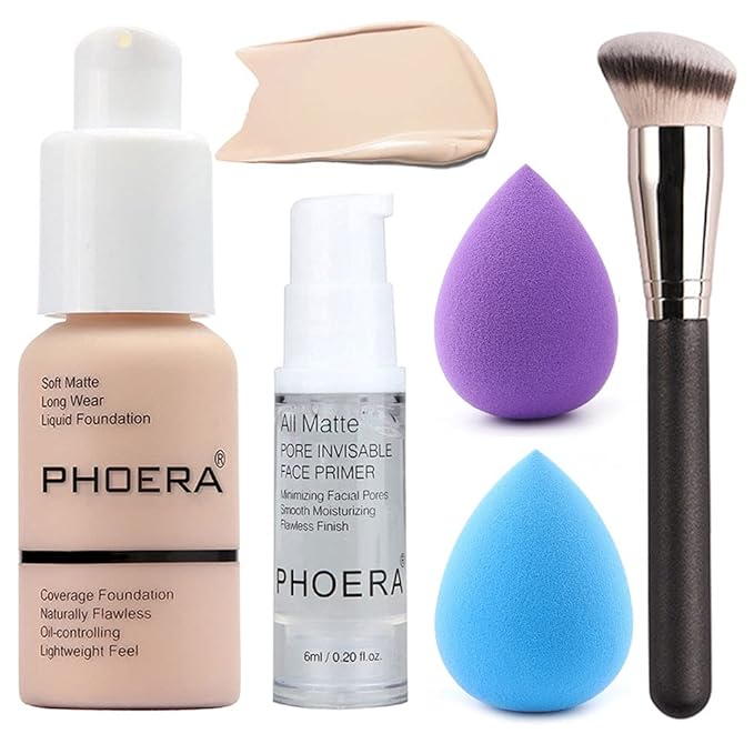 5PCS Liquid Foundation Set - Matte Full Coverage Oil Control Breathable Invisible Cover Concealer with Face Primer, Foundation Brush, Makeup Sponge (101 Porcelain Makeup Set)