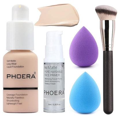 5PCS Liquid Foundation Set - Matte Full Coverage Oil Control Breathable Invisible Cover Concealer with Face Primer, Foundation Brush, Makeup Sponge (101 Porcelain Makeup Set)