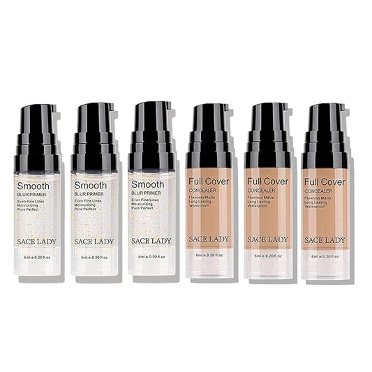Face Primer Makeup 3Pcs & Full Cover Concealer 3Pcs Women Makeup Set, Smooth Creamy Cosmetic Perfect Cover Eye Face Body Blemishes,Tattoos,Brown Spots,Under Eye Circles