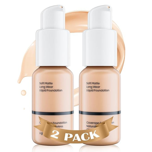 Matte Liquid Foundation Full Coverage - Flawless & Lightweight Matte Oil Control Cream Foundation Makeup Create Flawless Face Makeup for All Skin Types (2 Pack #102 Nude)