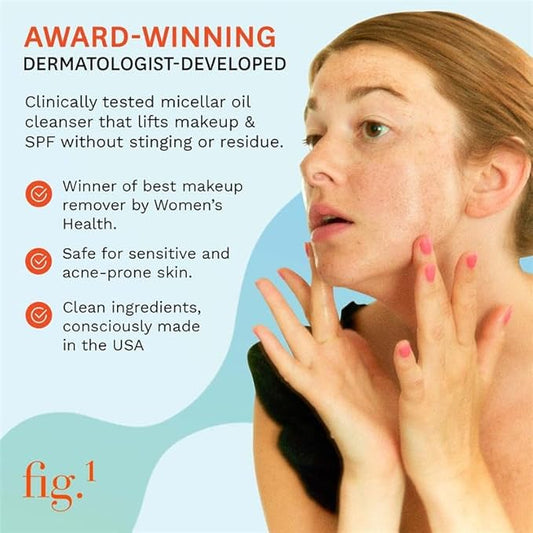 Fig.1 Hydrating Oil Cleanser for Face – Micellar Makeup Remover with Grapeseed & Squalane, Deep Cleansing Oil-Based Formula, Non-Stripping & Refillable, 3.4 oz
